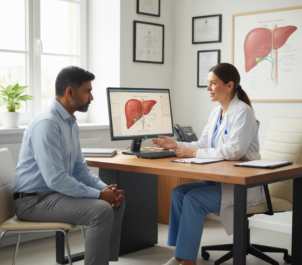 Patient consulting doctor for fatty liver symptoms and diagnosis.