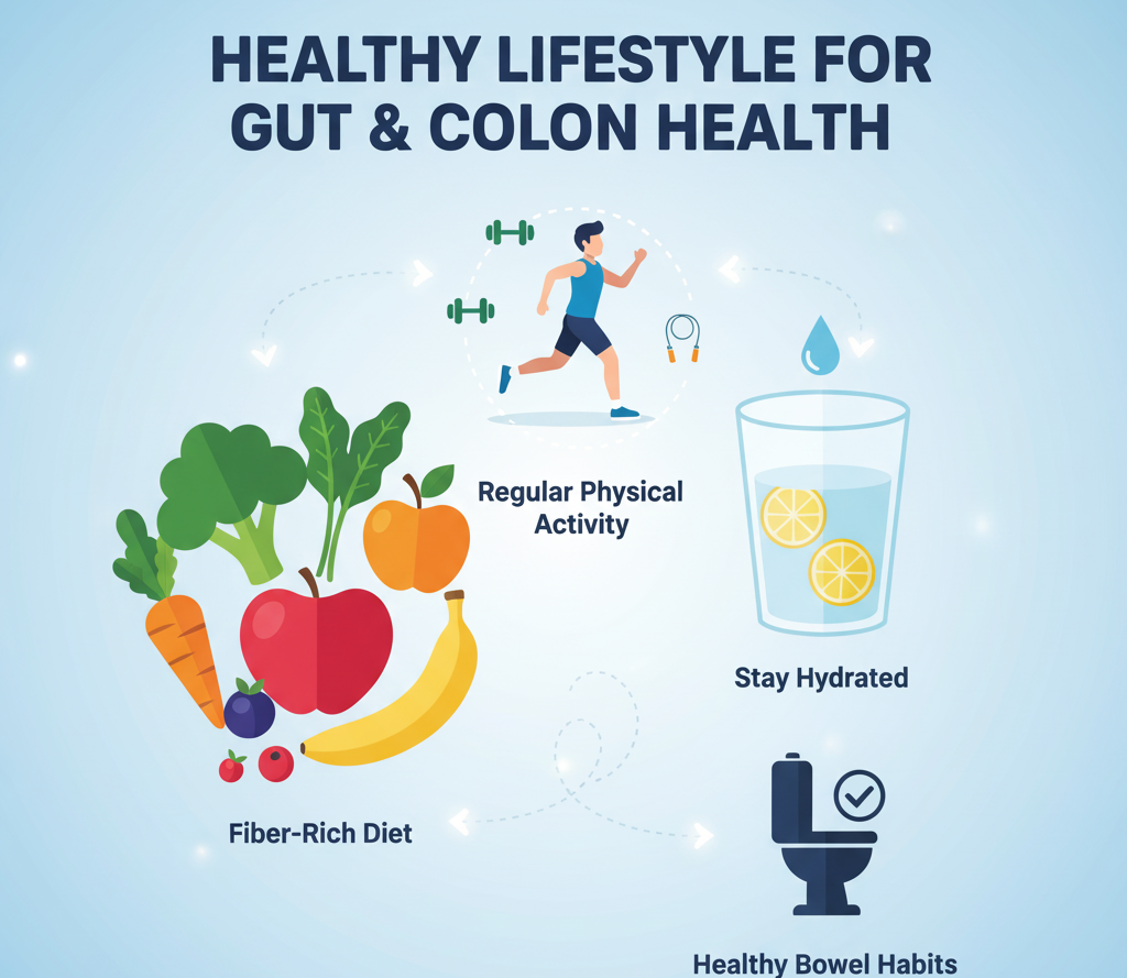 Image Prompt:  “Colorful illustration showing fruits, vegetables, exercise icons, water, and healthy bowel habits.”